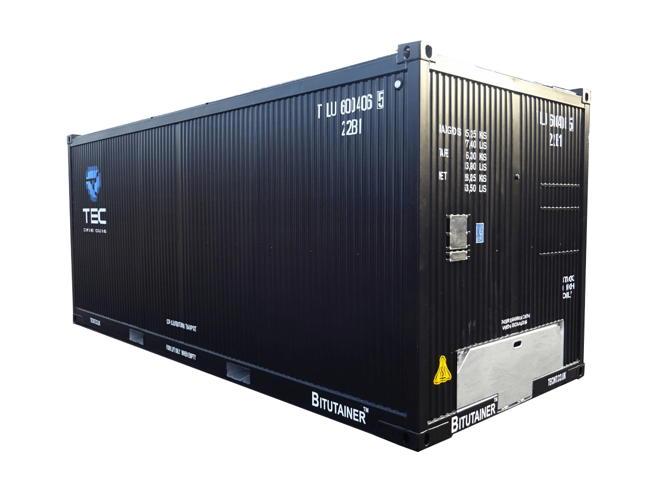 TEC Shipper Bitutainer, black 20ft shipping container with silver hinged valve box cover on front.