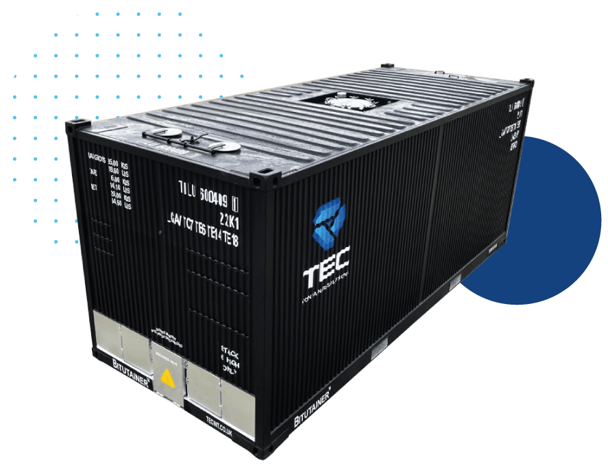 Black ADR Bitutainer (20ft shipping container) with blue dots and blue circle in the background