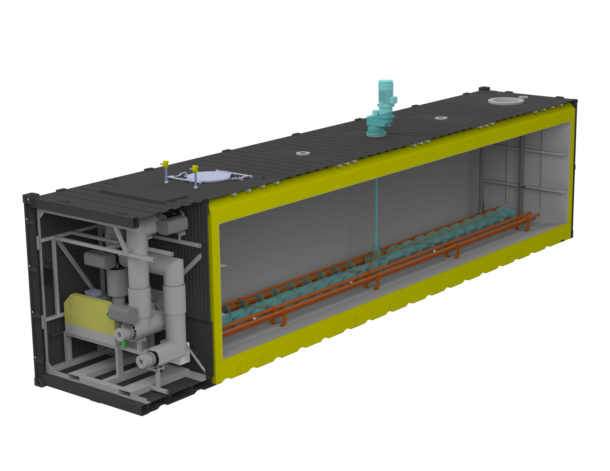 Render of black 40ft MEST Bitutainer (shipping container) with side cutaway showing inner workings